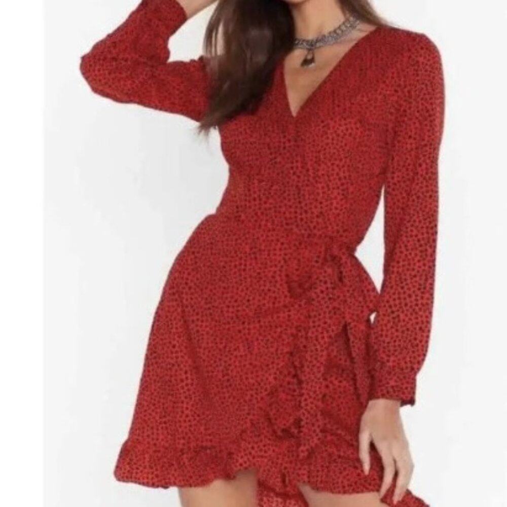 Nasty Gal Brand Red & Black You're Spot On Spotty Dress Size Small Wrap Ruffles